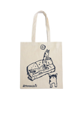 An off white canvas tote bag with a black line art illustration of a cat on a sofa and the text 'differentchris' printed near the bottom.