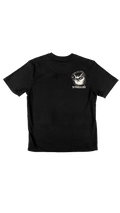 A black short sleeve t-shirt with a small white graphic of a cat with glasses and headphones and the word 'differentchris' printed on the left chest!