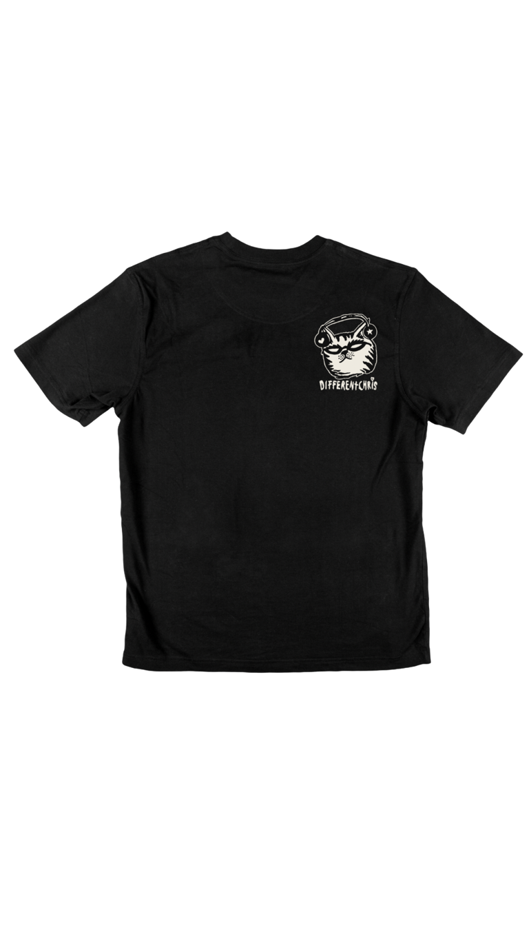 A black short sleeve t-shirt with a small white graphic of a cat with glasses and headphones and the word 'differentchris' printed on the left chest!