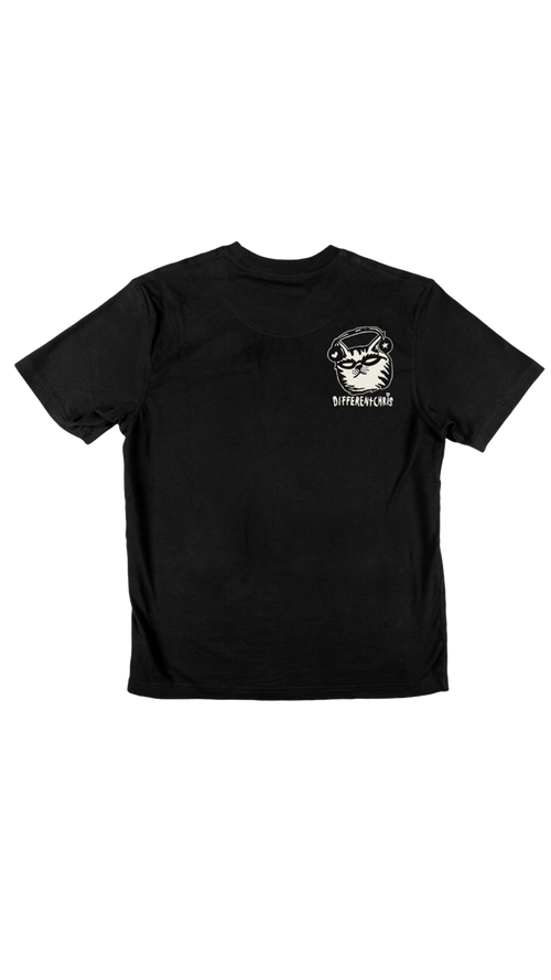 A black short sleeve t-shirt with a small white graphic of a cat with glasses and headphones and the word 'differentchris' printed on the left chest!